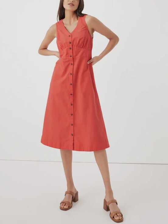 Pact Dresses & Skirts - Pact Organic Cotton Linen Canopy Button Front Dress Coral Orange
